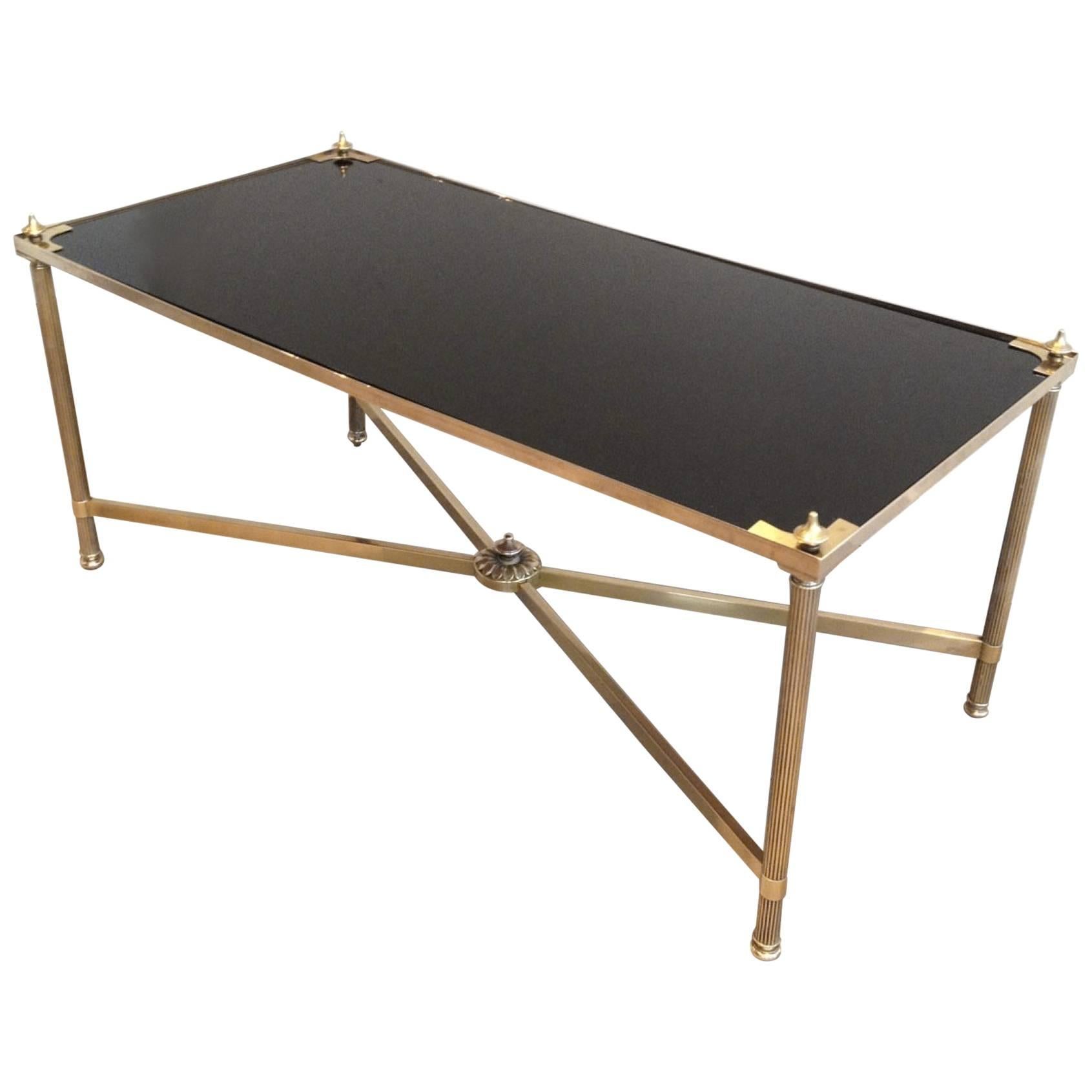 1940s Jansen Brass and Black Lacquered Glass Coffee Table For Sale