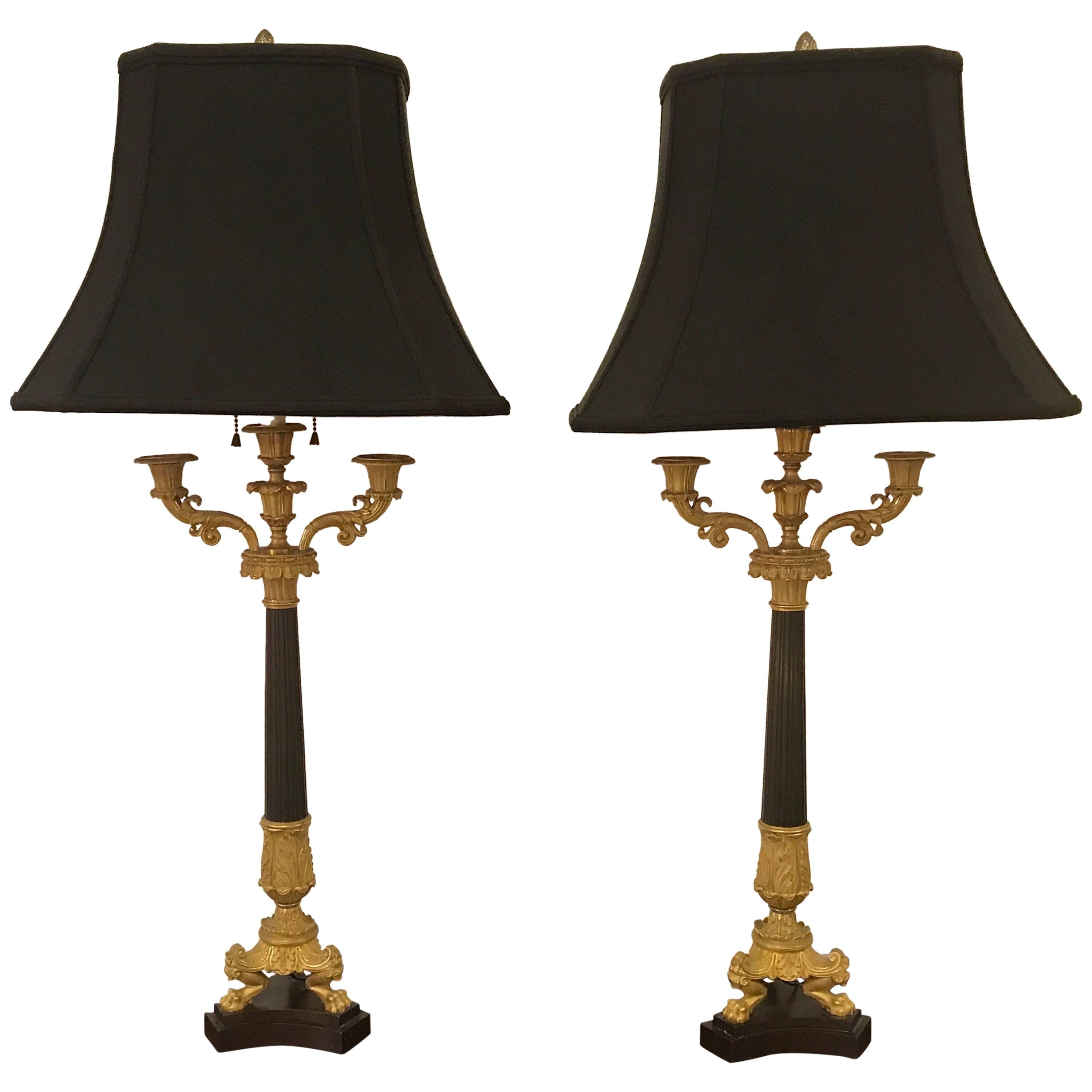 19th Century Pair of Charles X Ormolu and Bronze Candelabra Lamps