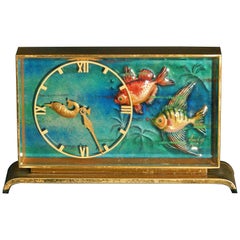 Art Deco Swiss Clock with Aquatic Motif, Enameled Face by Imhof