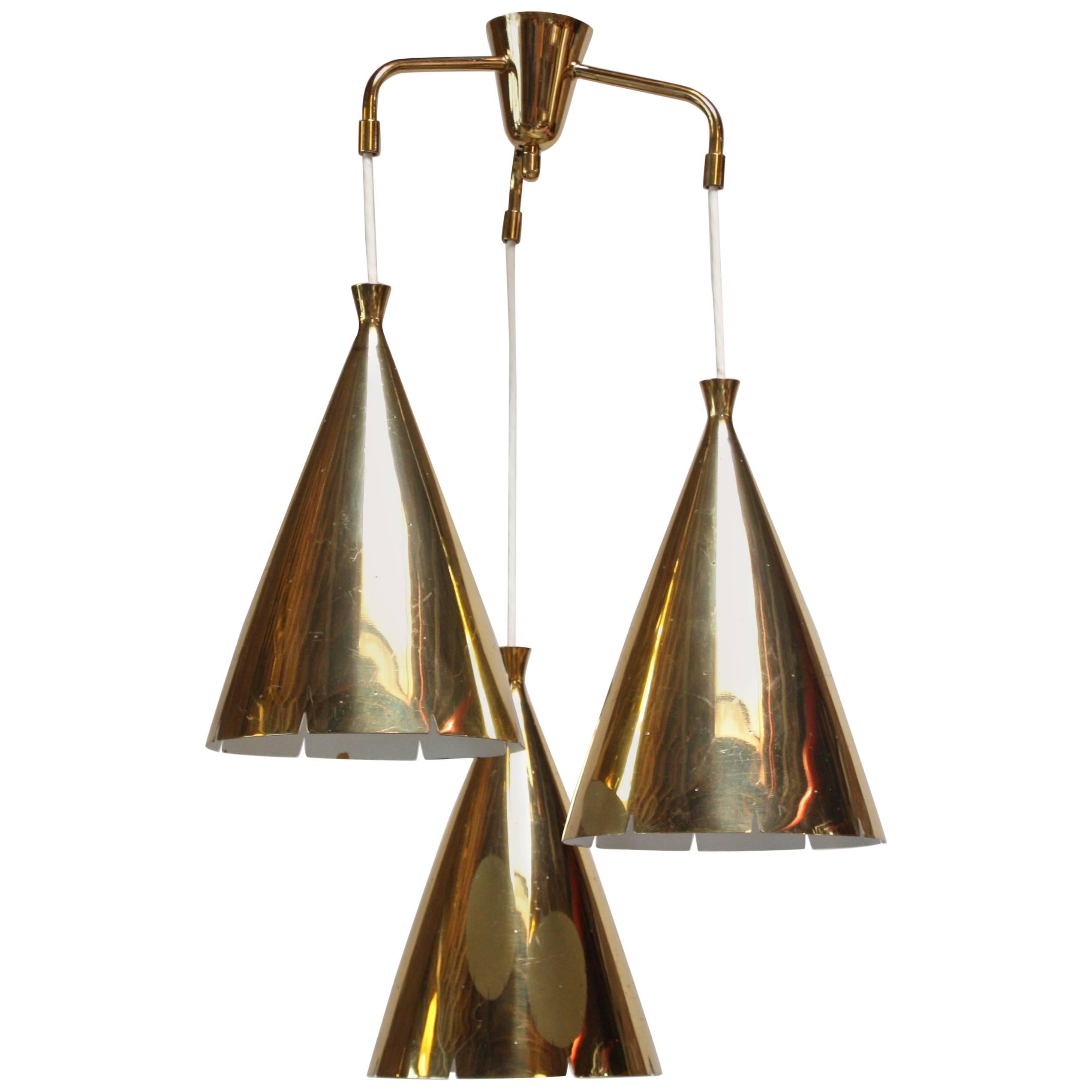 Mid-Century Three Pendant Solid Brass Chandelier after Paavo Tynell For Sale