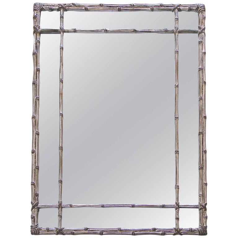 Large Italian Carved Silver Gilt Faux, Silver Bamboo Frame Wall Mirror