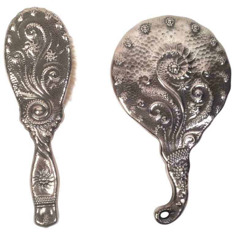 19th Century Sterling Silver Hand Mirror and Hair Brush 1