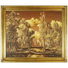 Thomas L Lewis Texas Landscape Lake Painting in Gold Sepia
