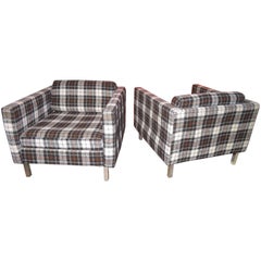 Vintage Handsome Pair of Milo Baughman Style Plaid Chrome Cube Lounge Chairs