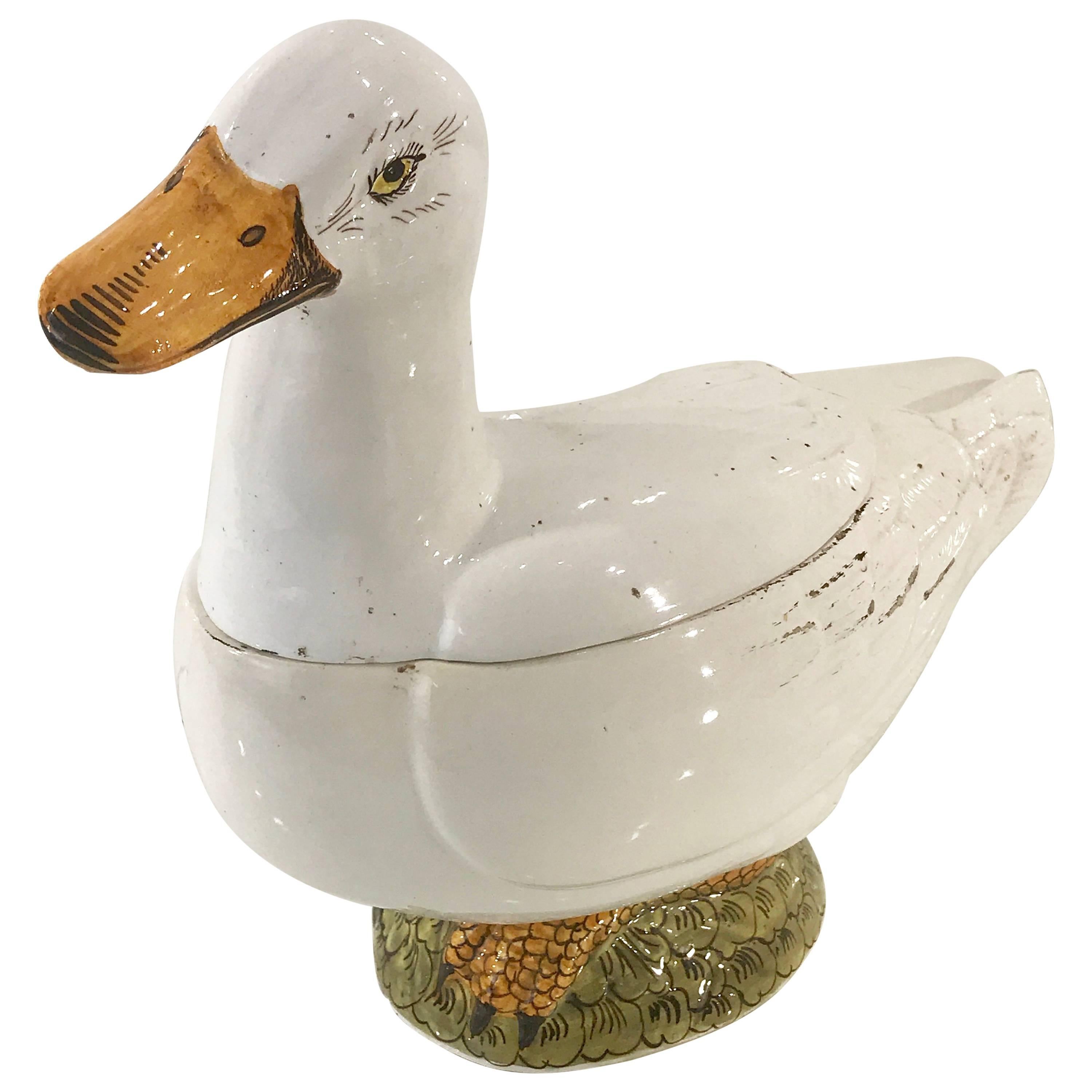 Betsy Bloomingdale's Antique Continental Tin Glazed Soup Tureen of a Duck