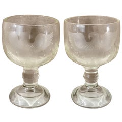 Antique Large Pair of Centennial American Eagle Motif Engraved Glass Goblets