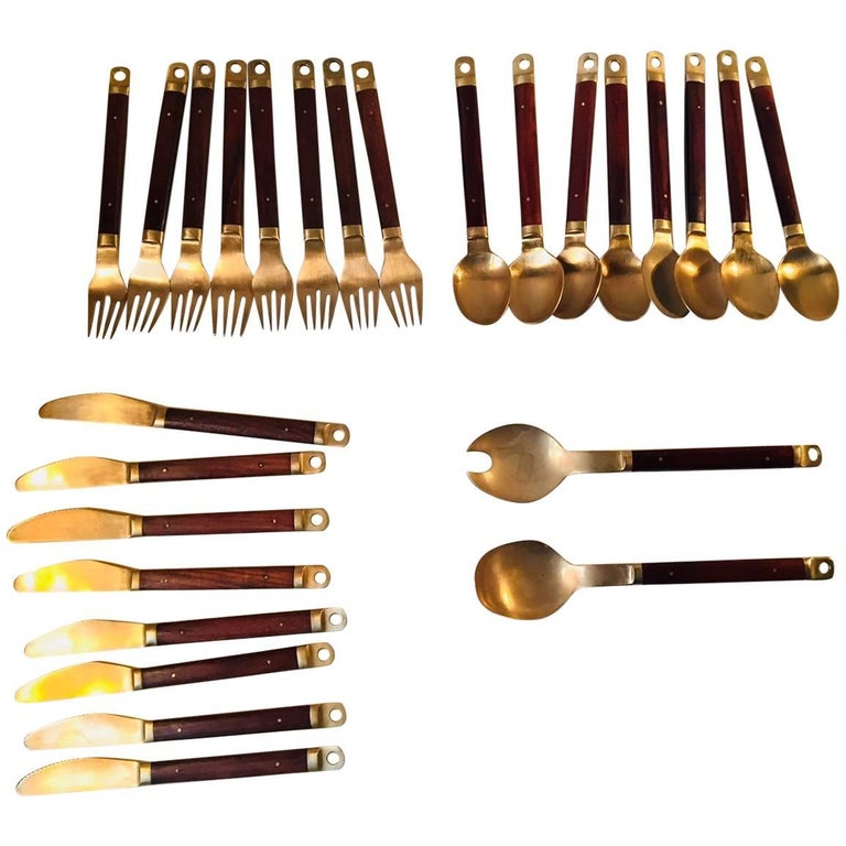 Carl Cohr brass-and-teak cutlery, 1950s, offered by retro-design.dk