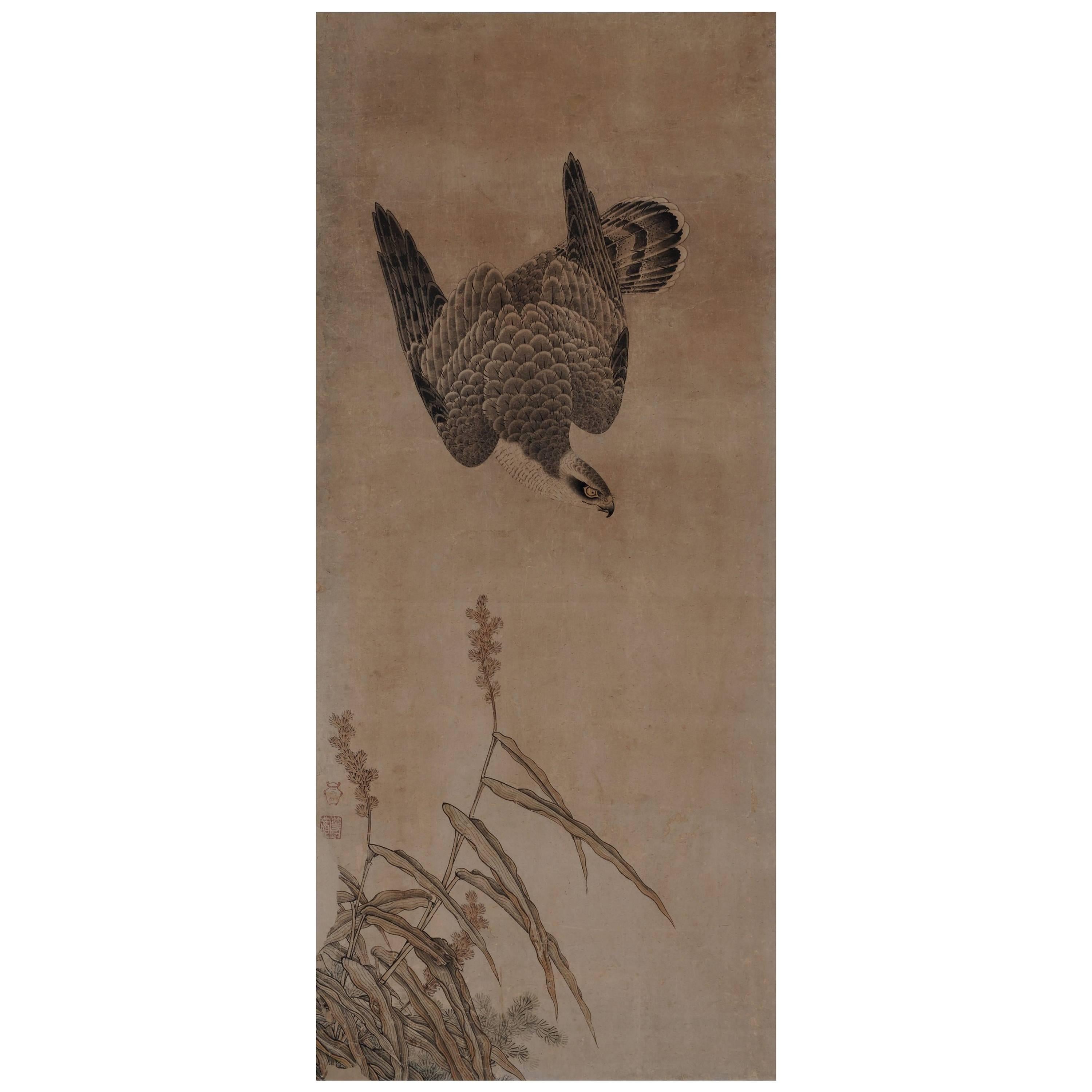 Japanese Painting, Framed Panel, 17th Century Falcon by Mitani Toshuku