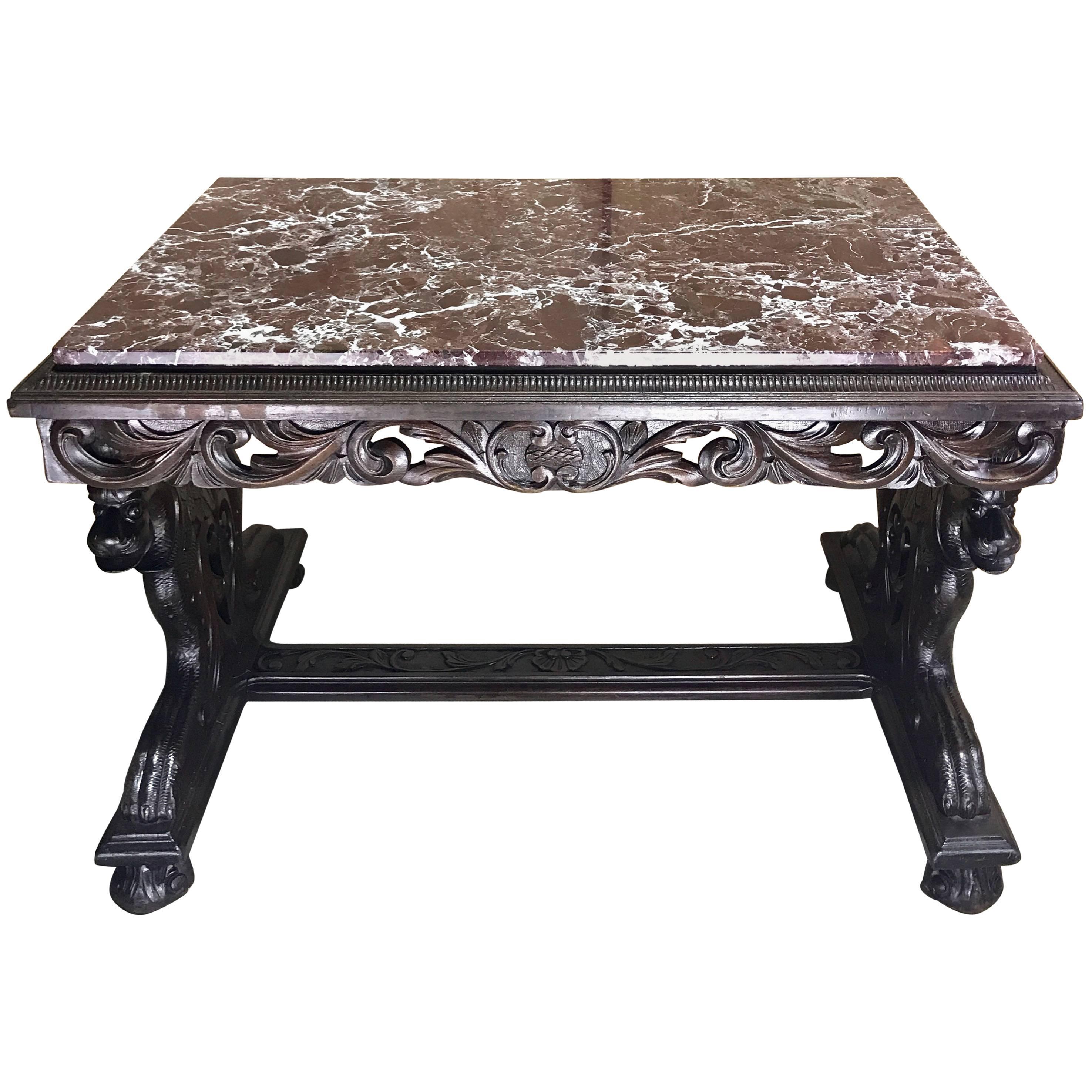 Italian Figural Carved Walnut Marble-Top Table, from the Breakers, Palm Beach FL
