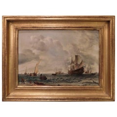 Oil on Board, "Dutch Ships Along the Shore, " Signed C. Mol