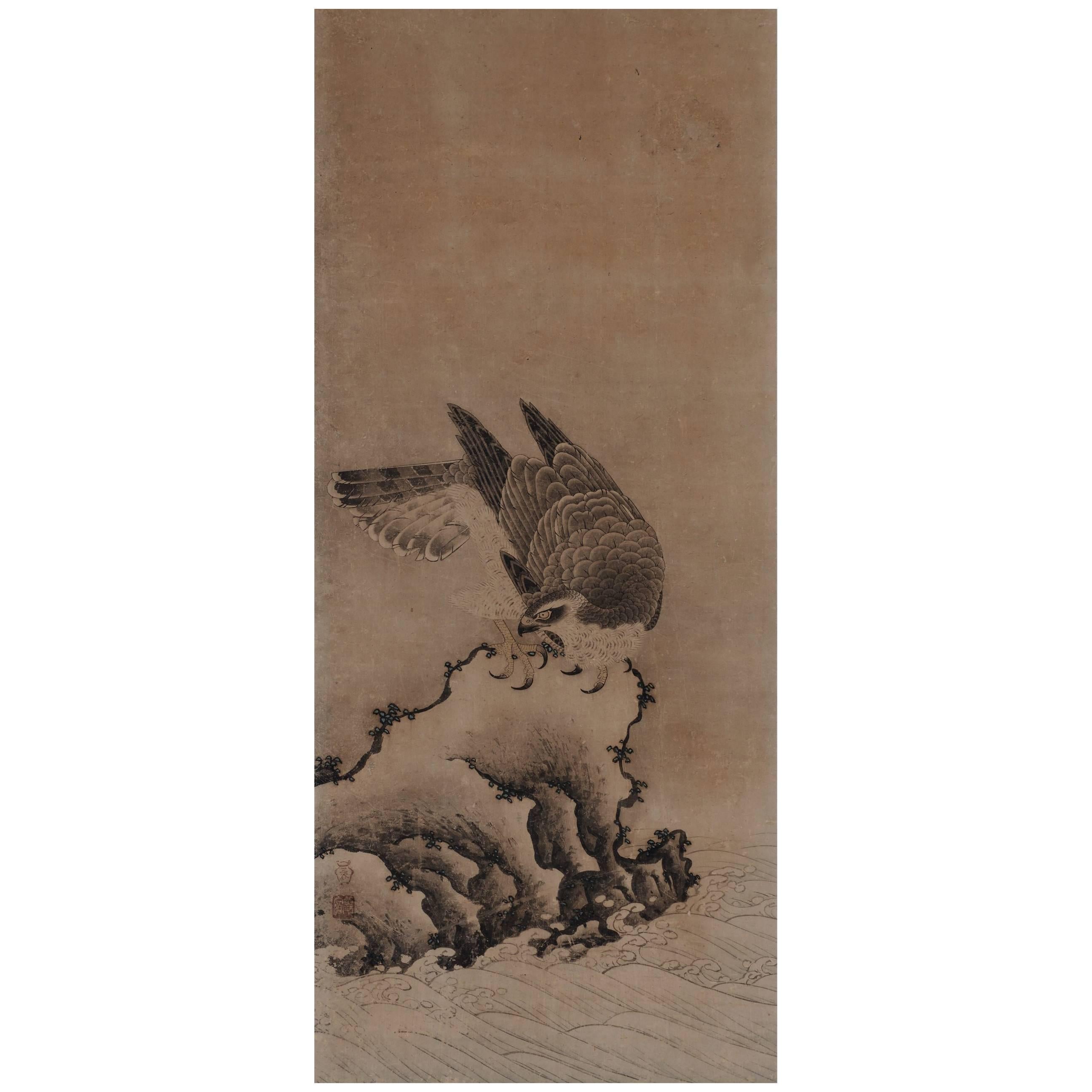 17th century Japanese Falcon Painting, Mitani Toshuku, Unkoku School