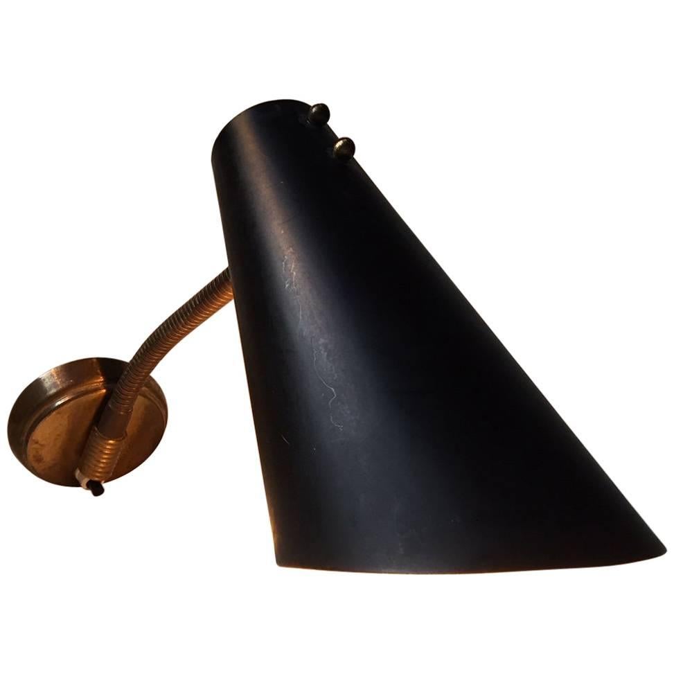 Black Danish Wall Lamp with Brass Detailing by Fog & Mørup, 1950s