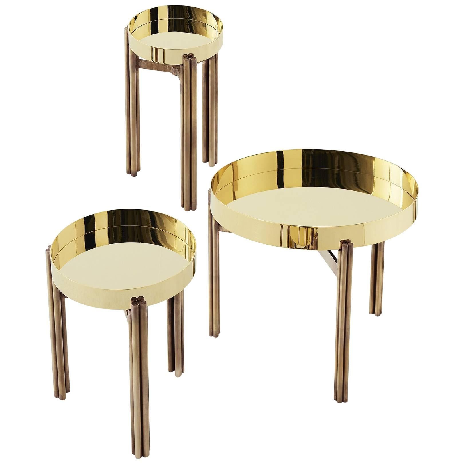 Coffee or Side Table with Hand Burnished Structure and Polished Brass Top For Sale