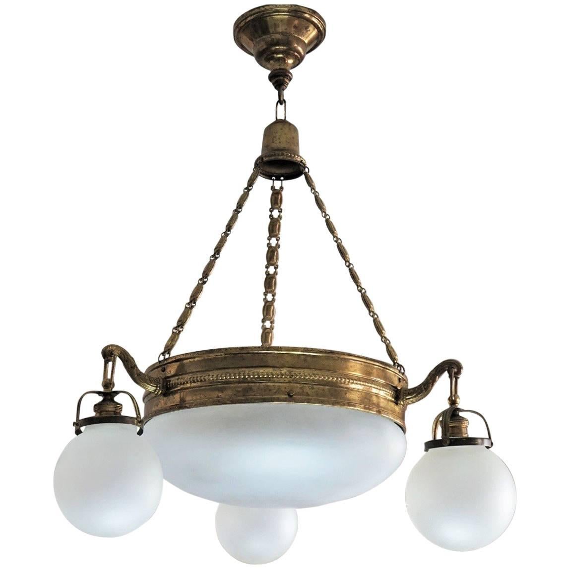 Art Deco Brass and Frosted Glass Four-Light Chandelier in Original Condition