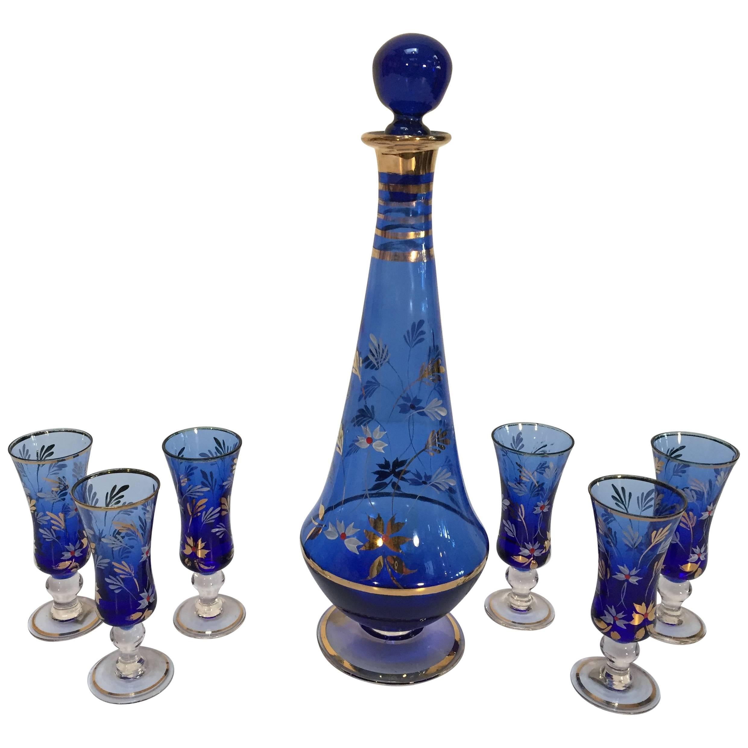 Cobalt Blue Enameled Glass Liquor Set Decanter and Six Glasses from Portugal