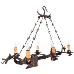 Gothic Medieval Wrought Iron Dragon Crémaillère Chandelier
