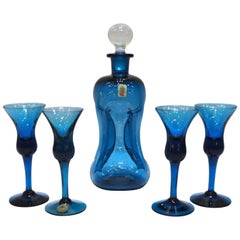Vintage Michael Bang for Holmegaard Blue Gluk Gluk Decanter and Four Glasses in Blue