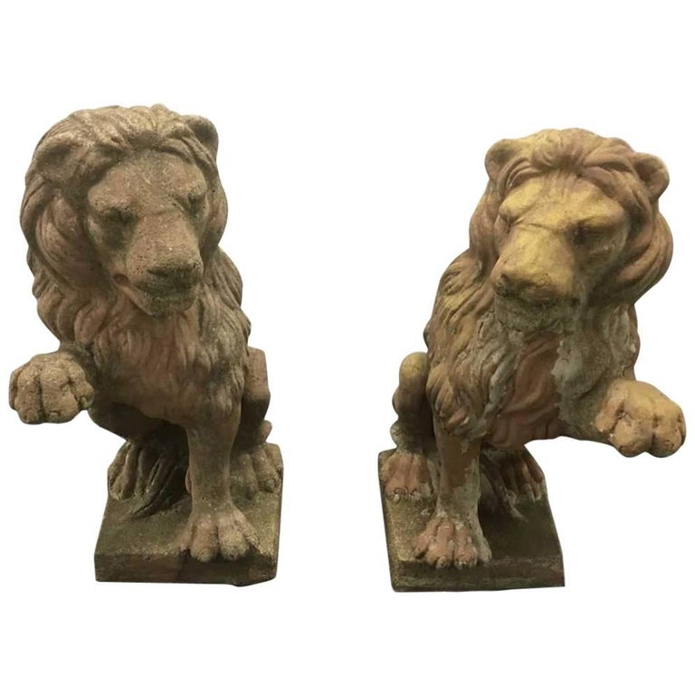 Pair of Painted Concrete Garden Lion Statues For Sale at 1stdibs
