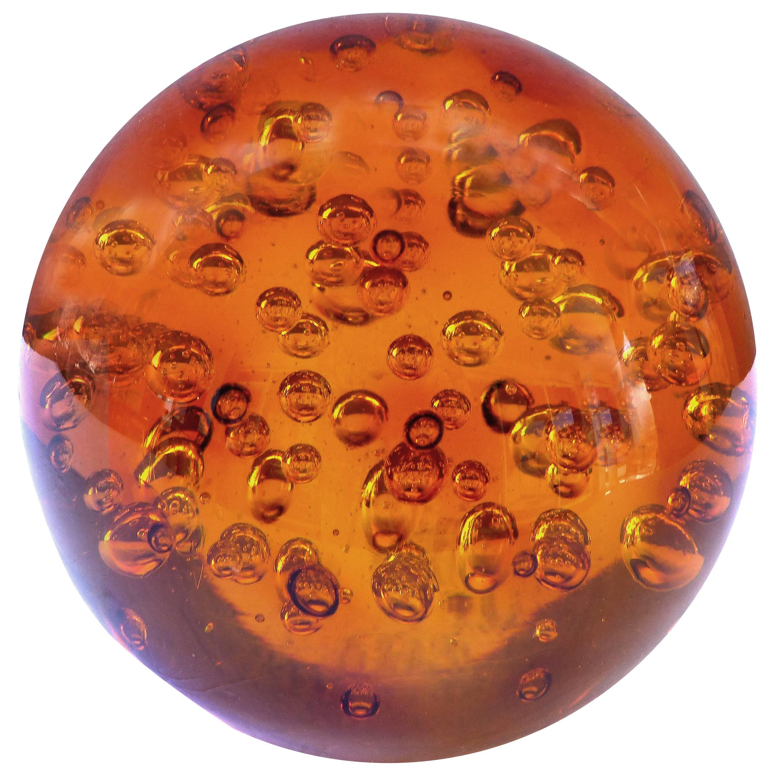 Over scale Amber Murano Blown Art Glass Sphere with Interior Bubbles