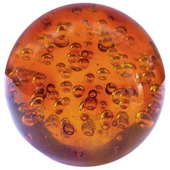 Over scale Amber Murano Blown Art Glass Sphere with Interior Bubbles