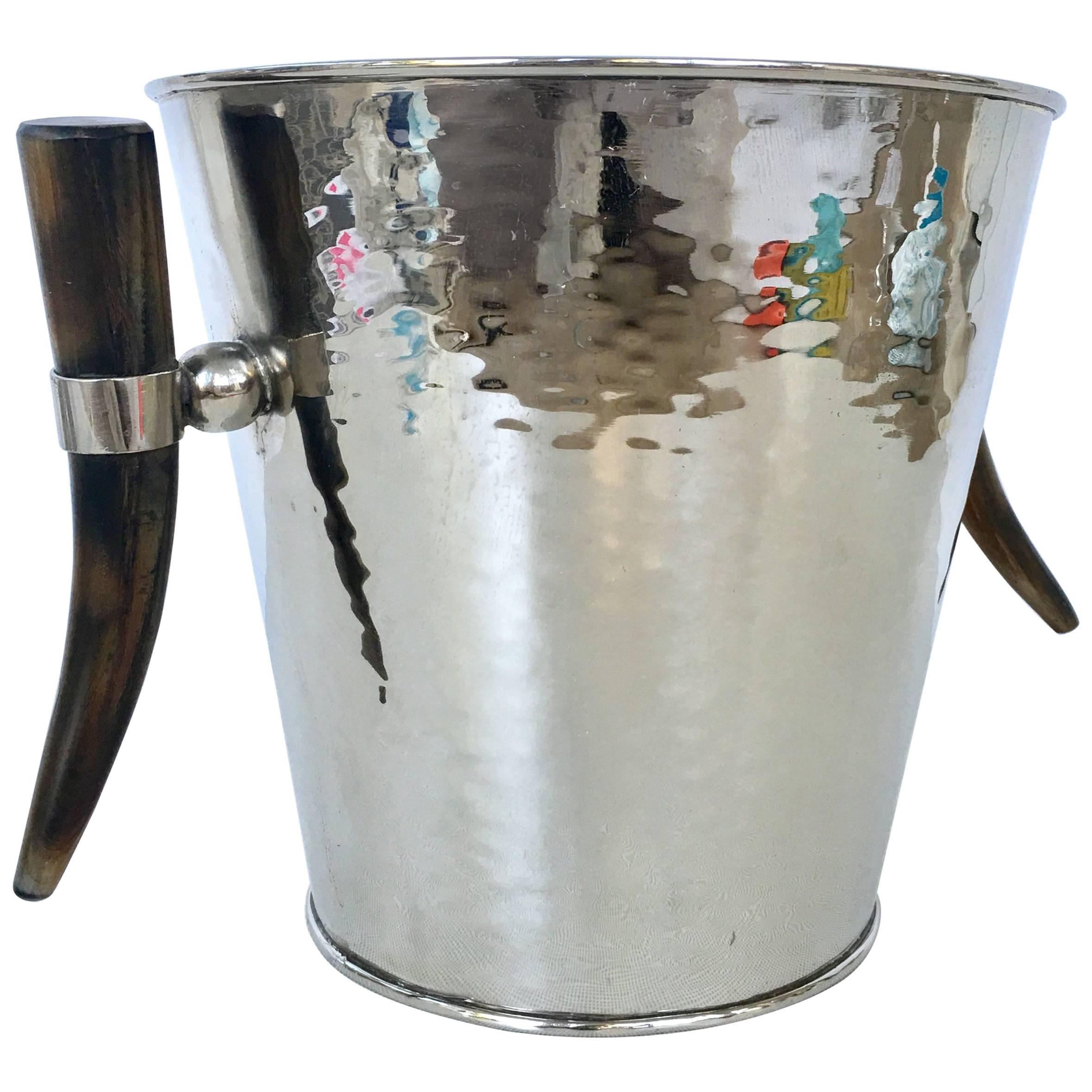Contemporary & Modern Hammered Silver Plate Horn Handle Champagne Ice Bucket