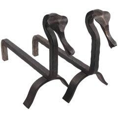 Edouard Schenck Style Pair of Wrought Iron Andirons with Seahorse Head