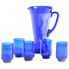 Blue Bohemian Glass Pitcher and Five Glasses, Czech Republic, circa 1960