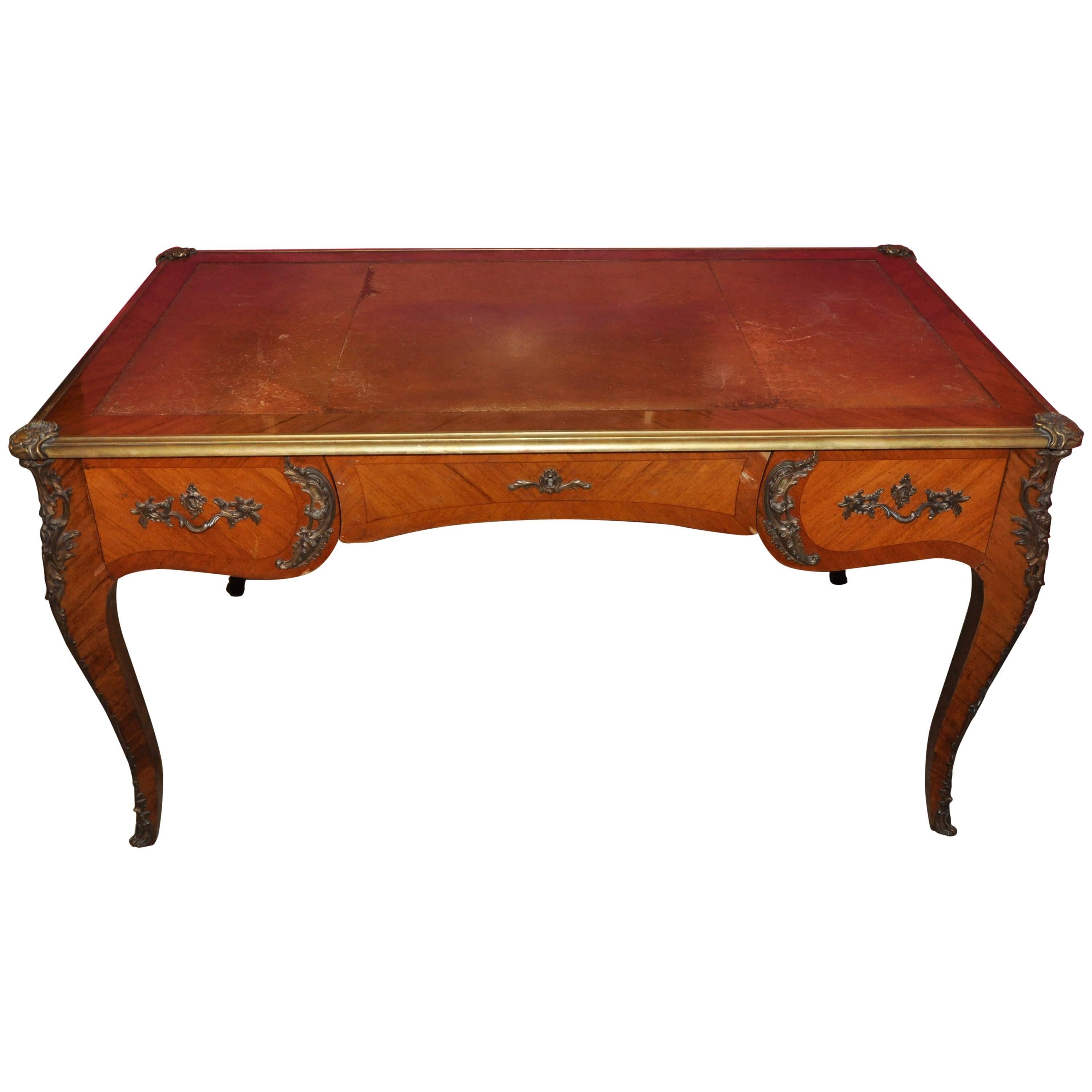 18th Century Writing Desk with Leather Top and Golden Fused Bronzes For Sale