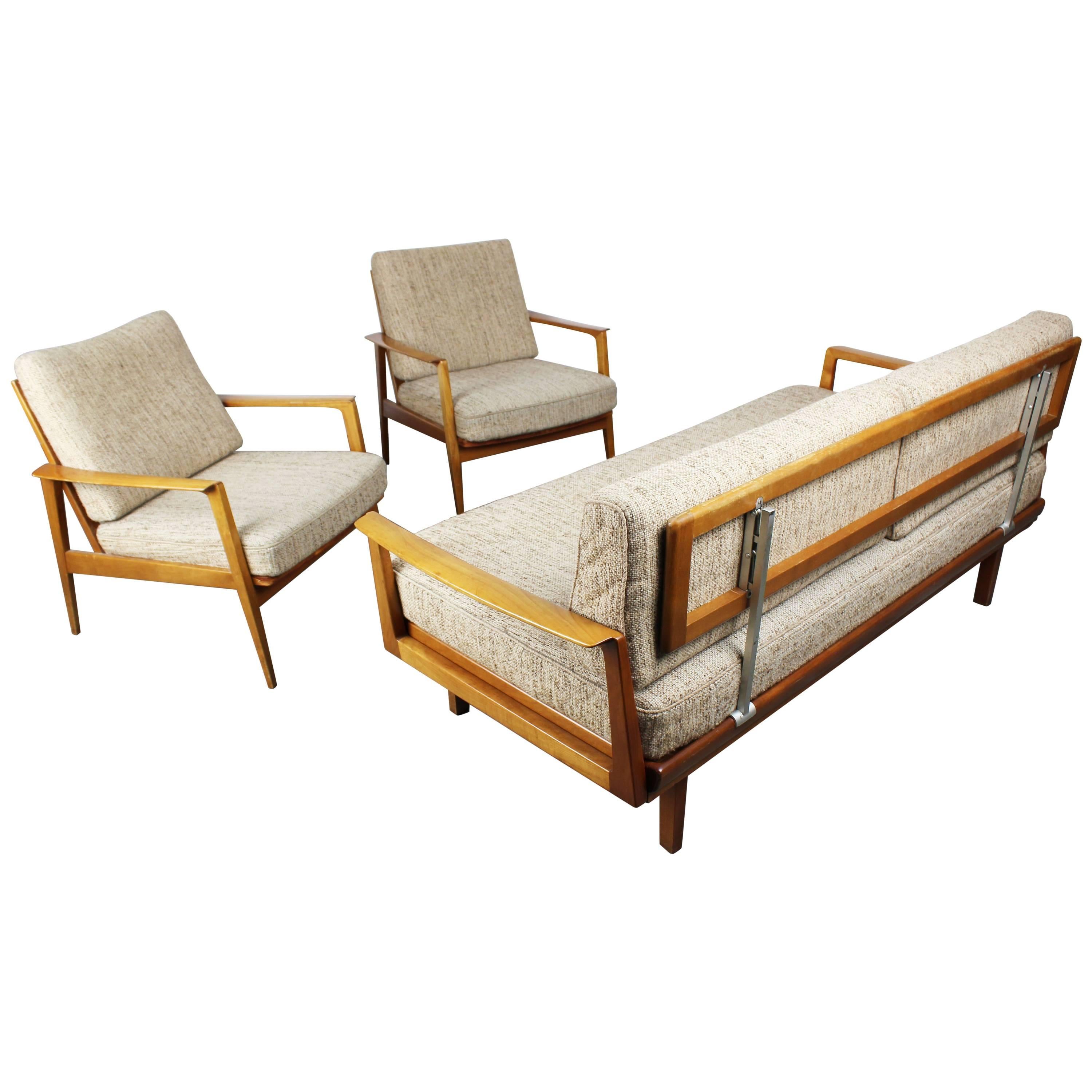 Full Original Knoll Antimott Set 1950 with Easy Chairs and Daybed Beige Brown