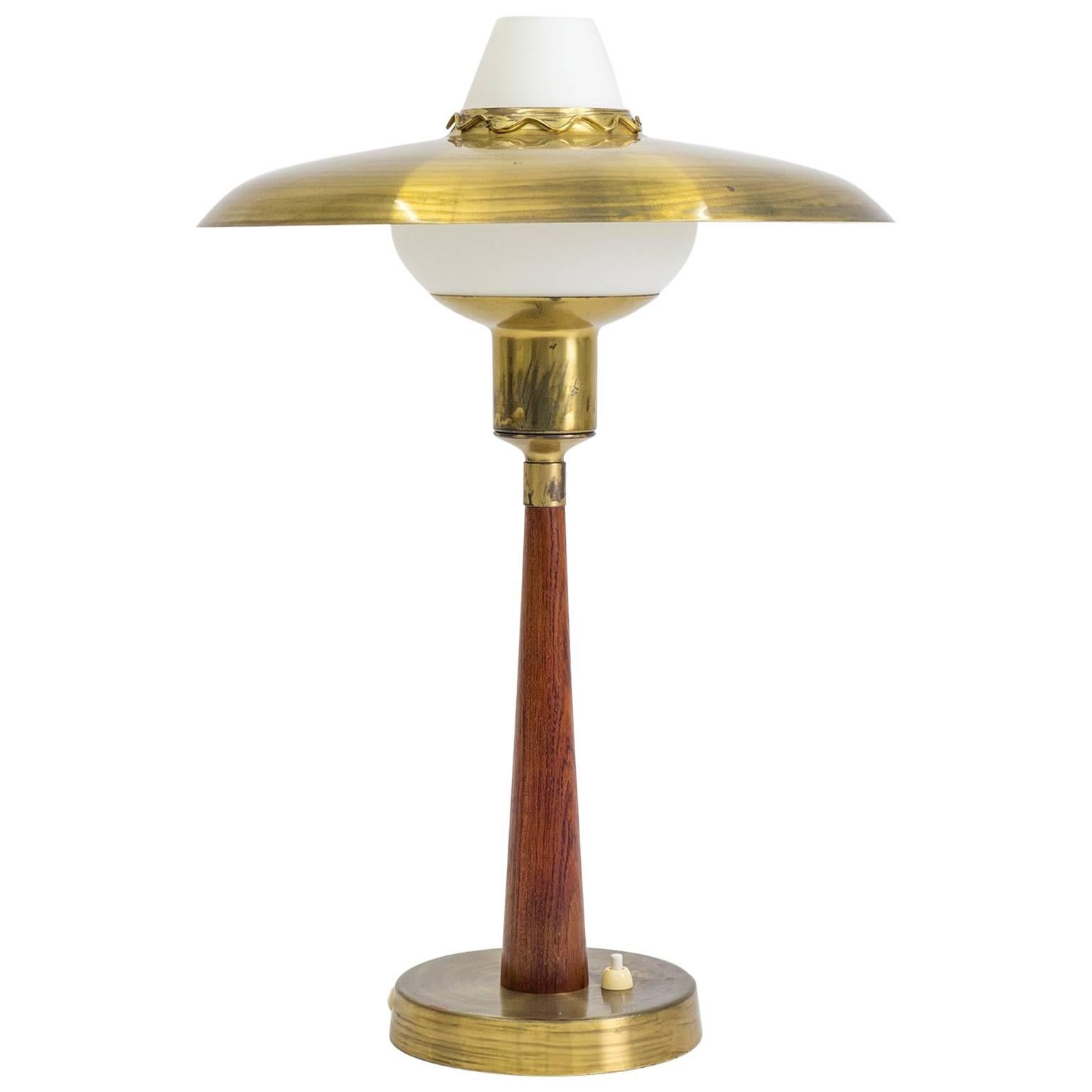 Swedish Brass, Teak and Satin Glass Table Lamp, 1950s