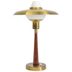 Swedish Brass, Teak and Satin Glass Table Lamp, 1950s