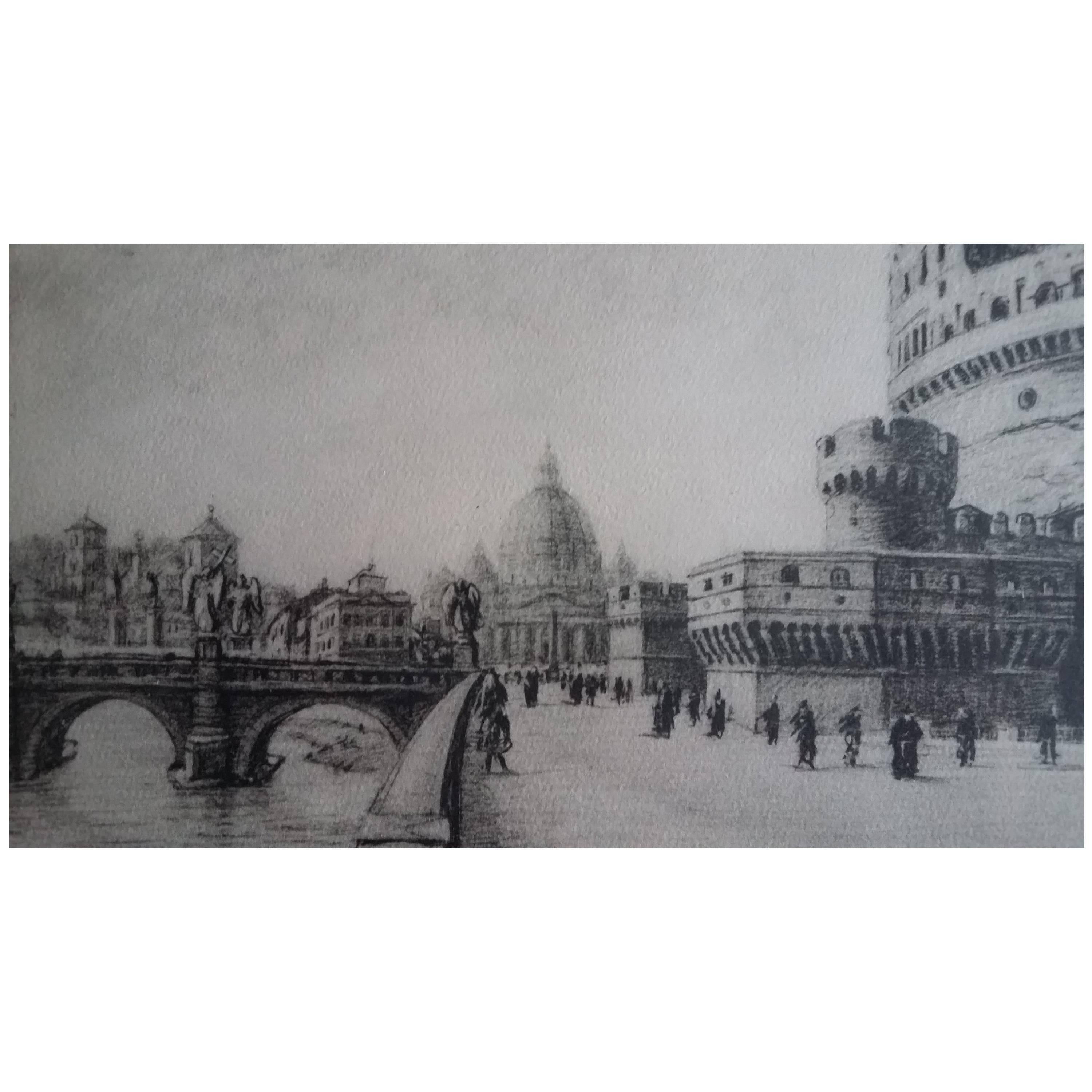 Etching Depicting Castello Sant´Angel in Rome During the Post-War Period, 1950s For Sale