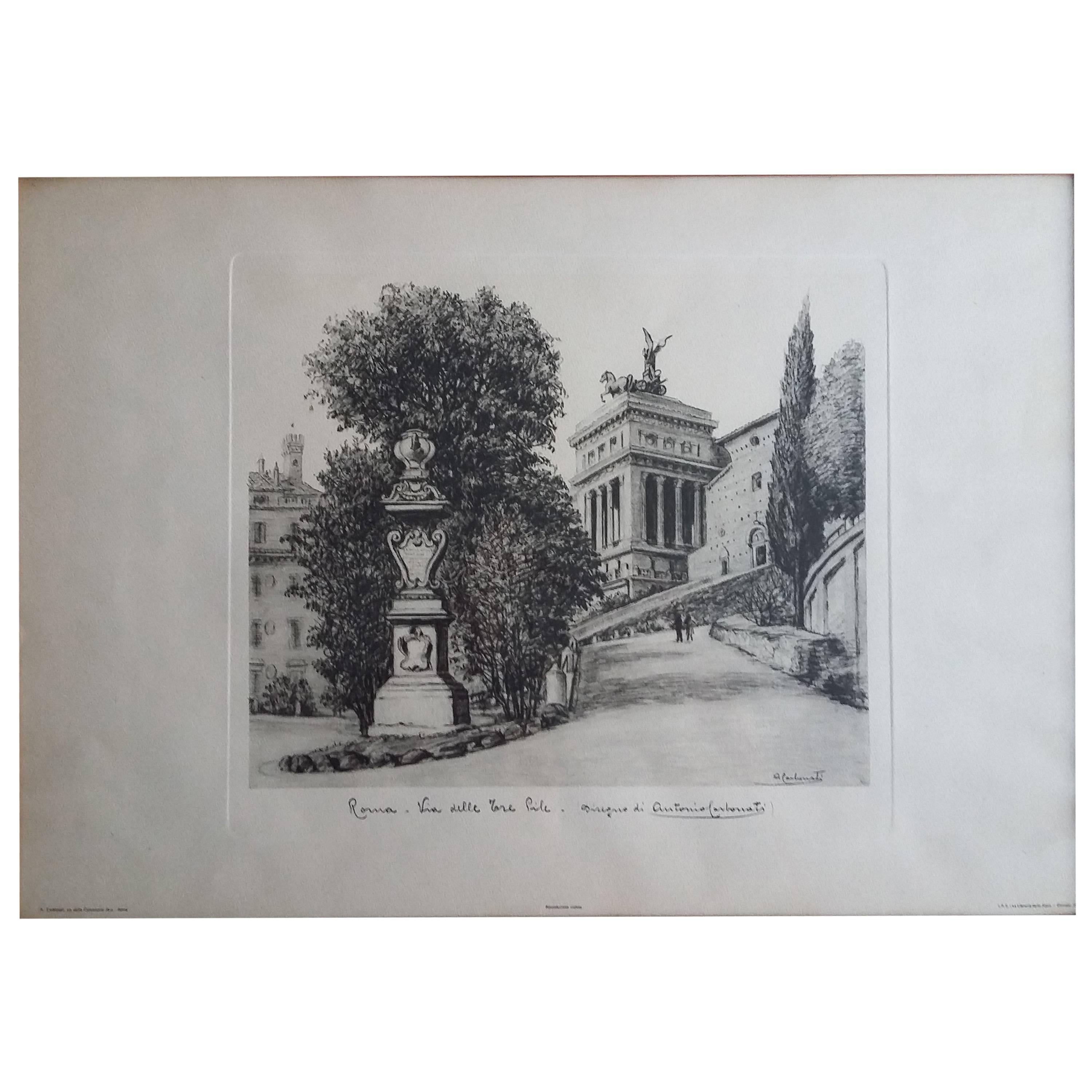 Etching Depicting Via delle Tre Pile, Rome, During the Post-War Period, 1950s For Sale