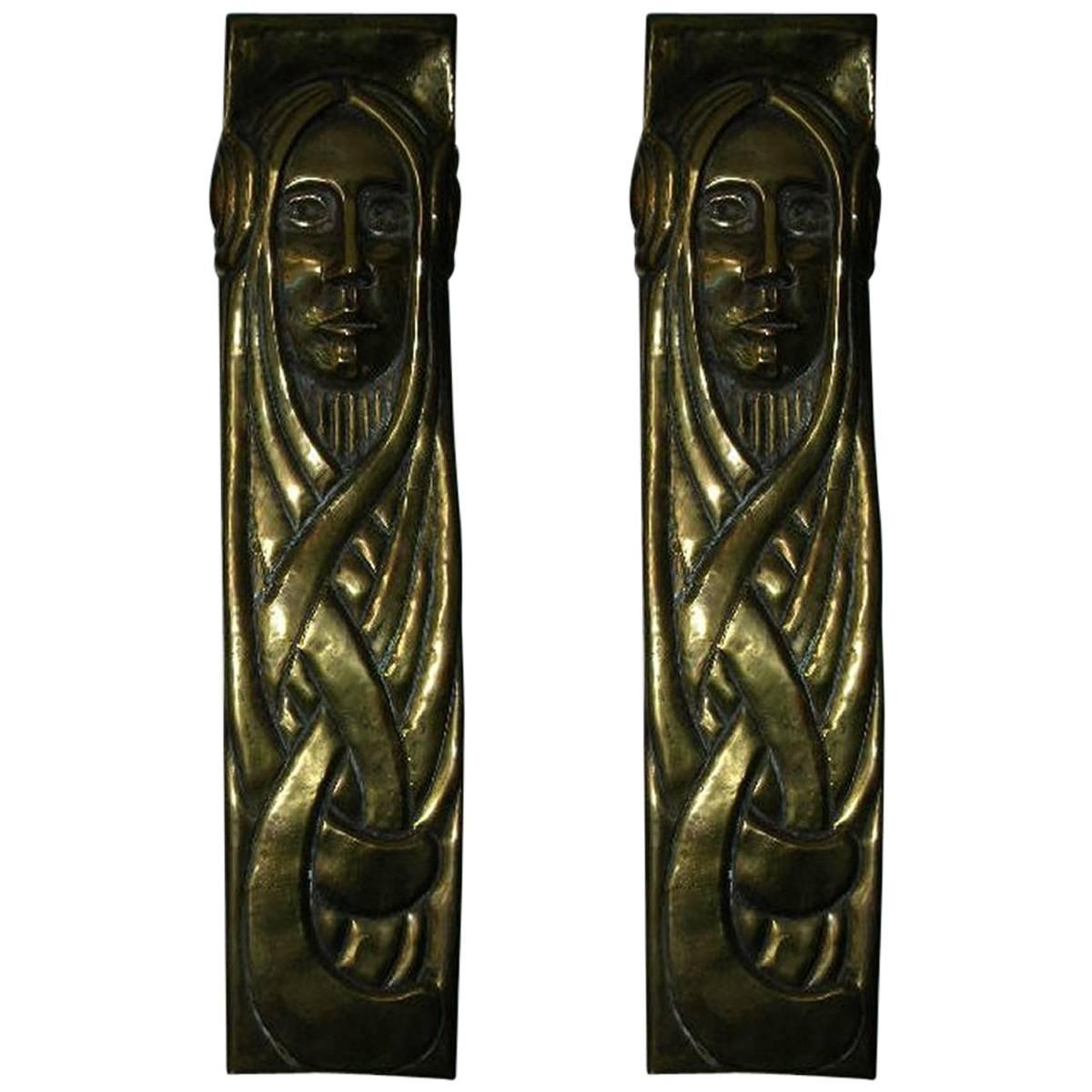 A Large Pair of Secessionist Brass Brackets Depicting Art Nouveau Style Maidens For Sale