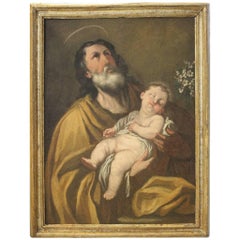 17th Century Oil on Canvas, Old Painting, Saint Joseph with the Child