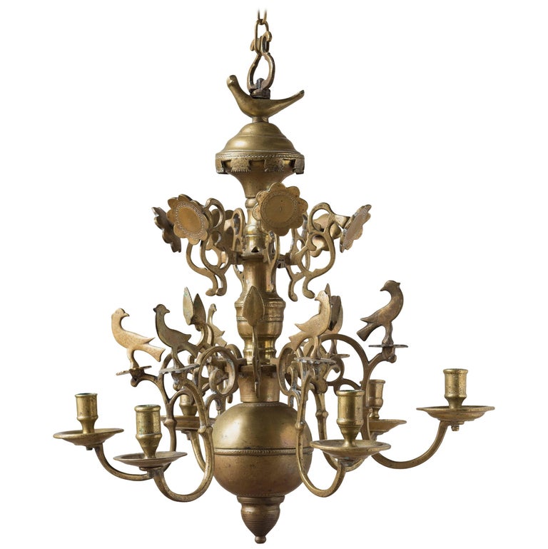 17th Century Netherland or German SixLight Brass Chandelier For Sale