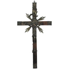 19th Century Old Wood Cross with Silver Sculpture N8 Naples, Old Silver Crucifix