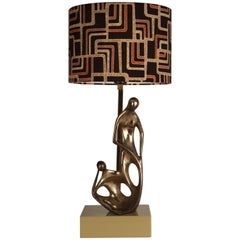 Mid-Century Modern Brass Sculptural Italian Table Lamp, 1950s and Silk Lampshade