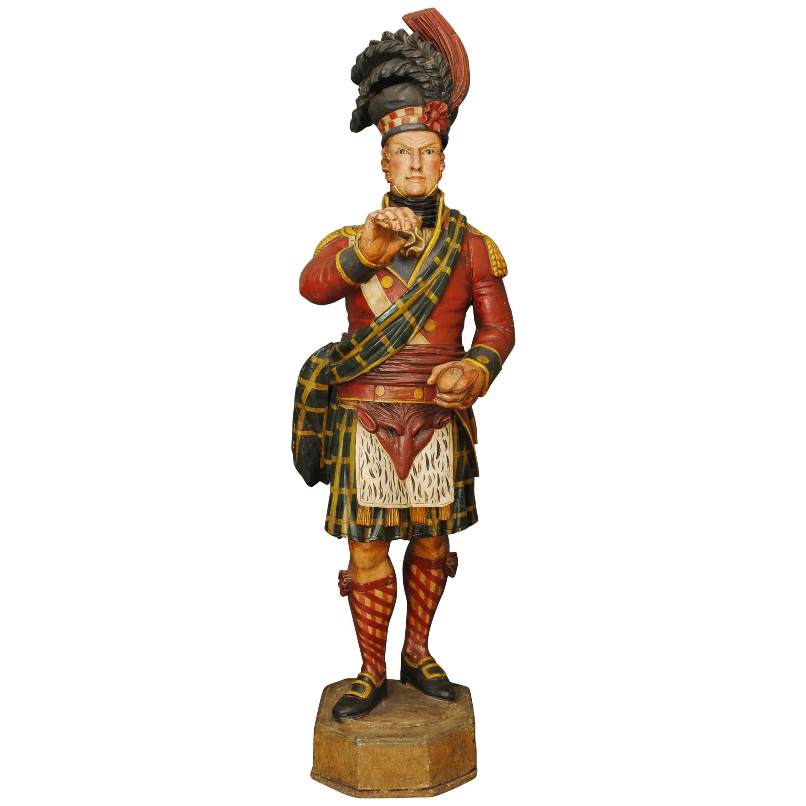 Superb Carved Wooden and Polychromed Tobacconists Figure of a Highlander