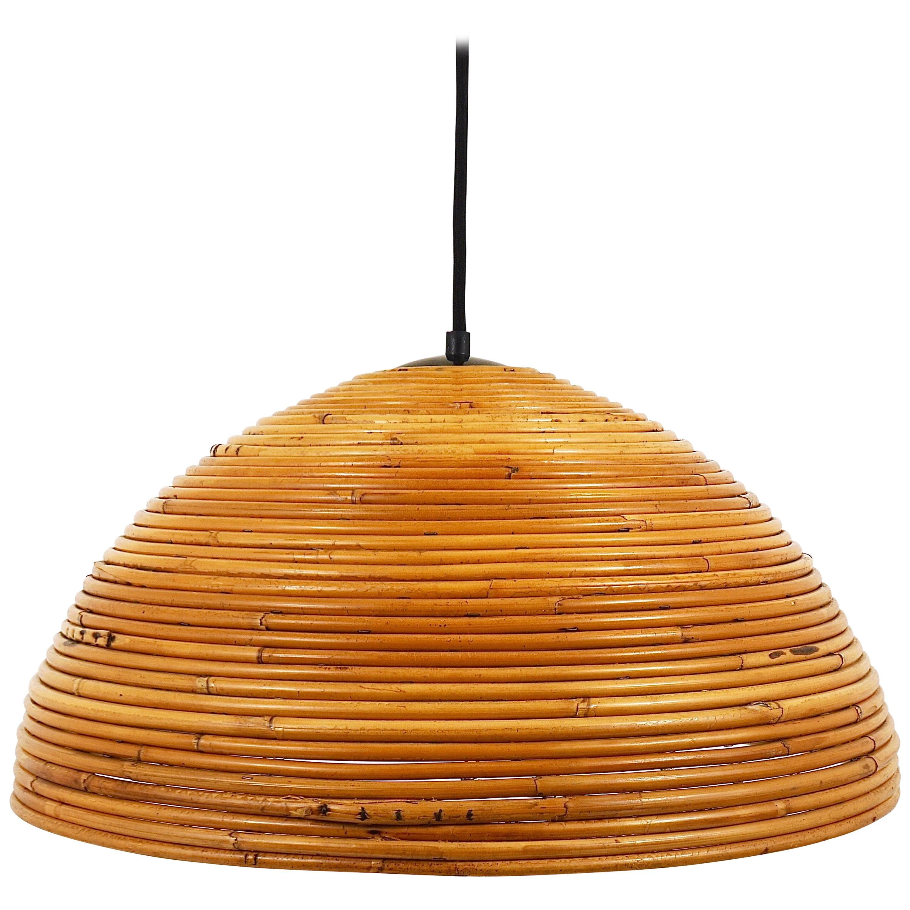 French Mid-Century Bamboo Hemispherical Pendant Light from the 1960s