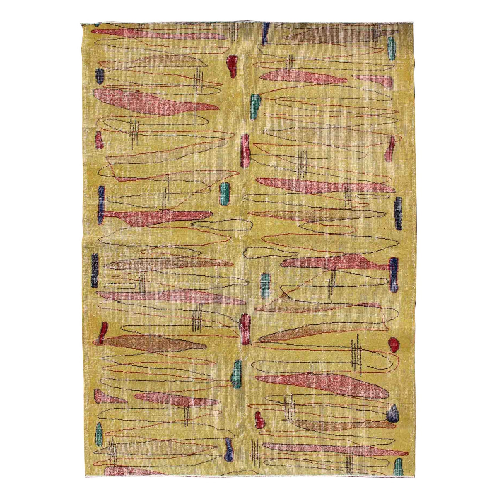 Vintage Turkish Mid-Century Modern Rug in Yellow Color and Modern Design