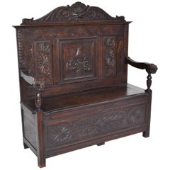 19th Century Carved Oak Monks Bench