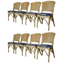 Set of Eight Rattan and Leather Chairs with Velvet Zebra Skin Effect