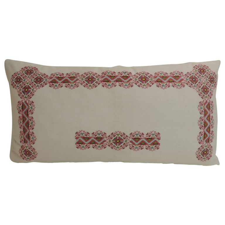 19th Century Greek Isle Red and White Embroidery Decorative Bolster Pillow For Sale at 1stdibs
