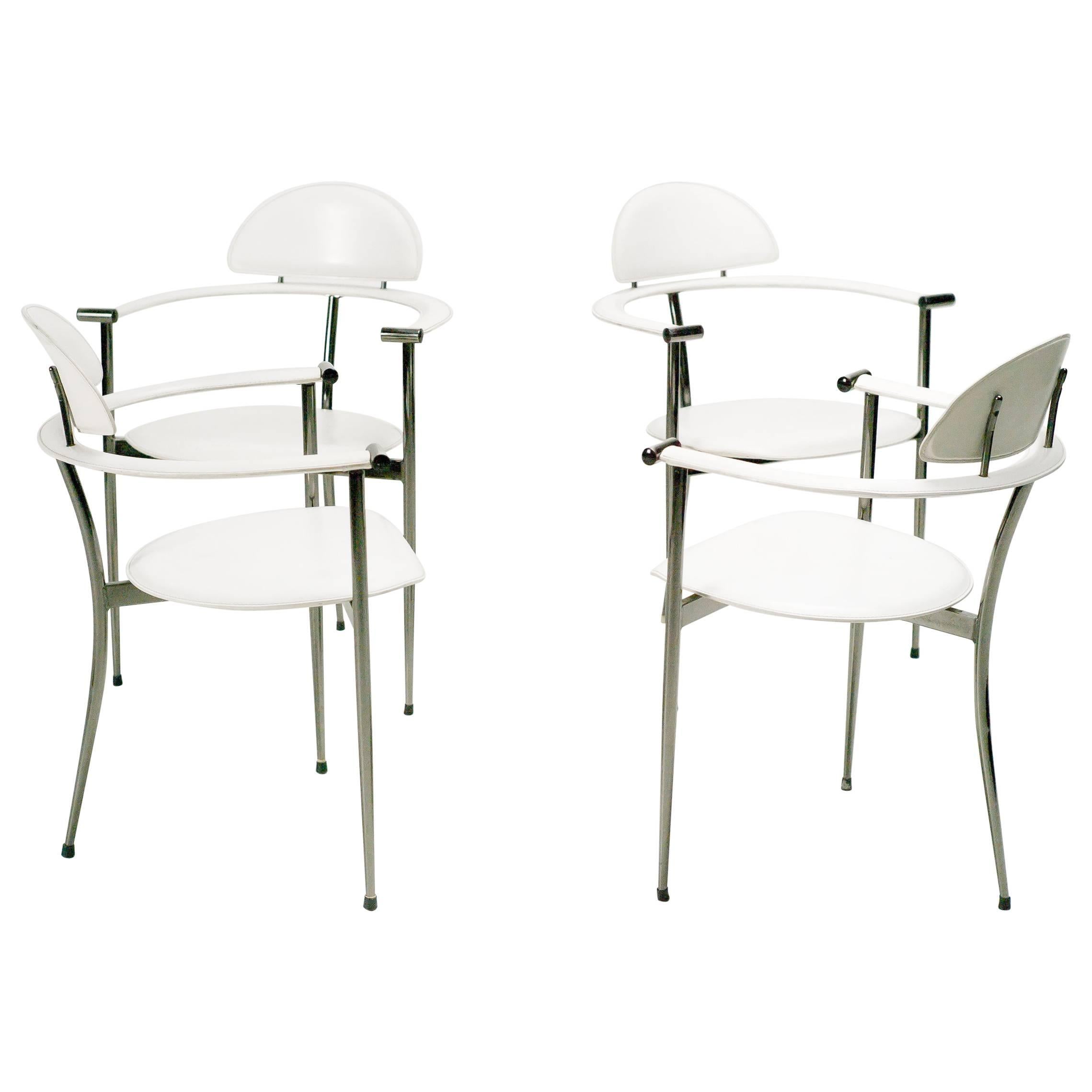 Set of Four White Leather Arrben Stiletto Chairs