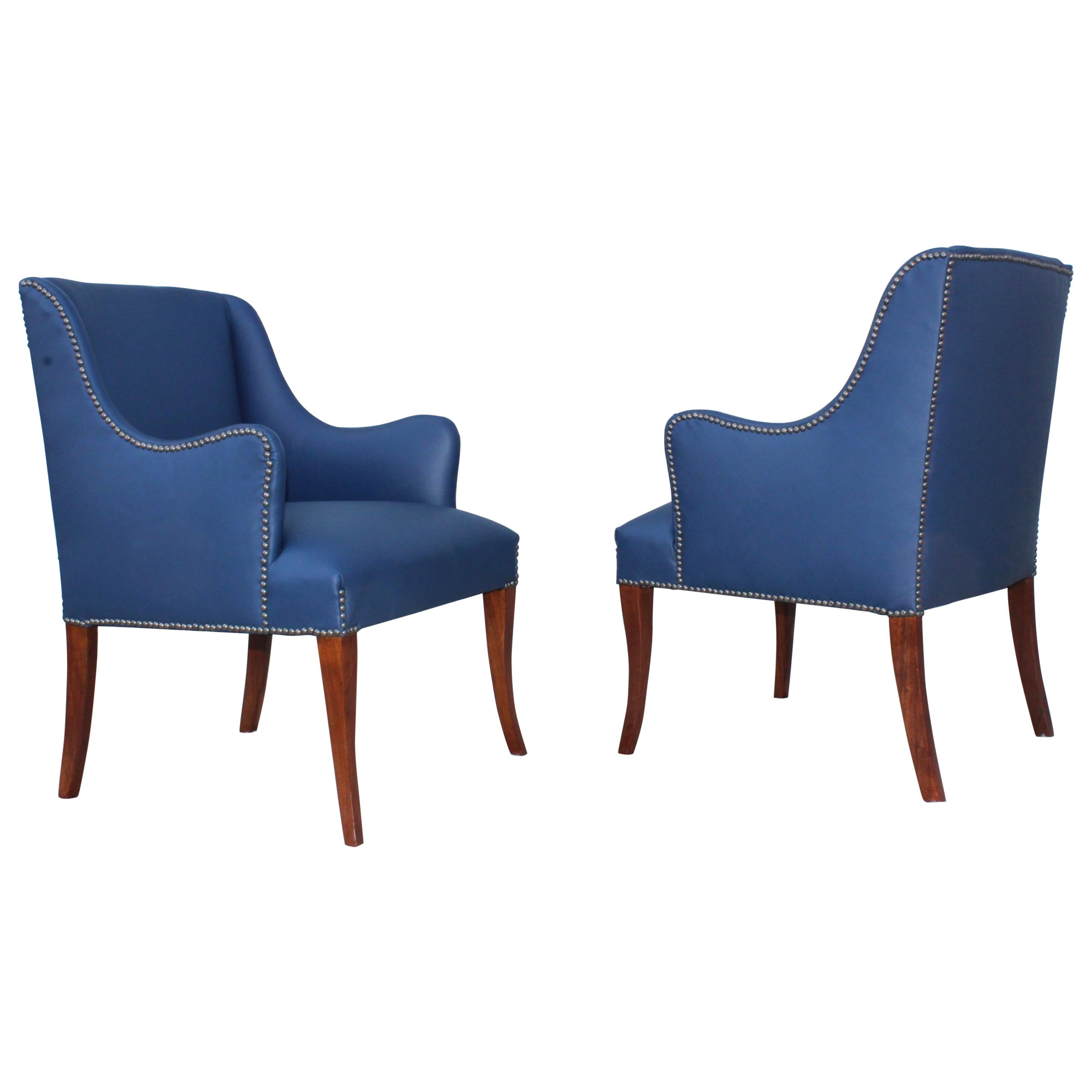 1960s Blue Leather Lounge Chairs