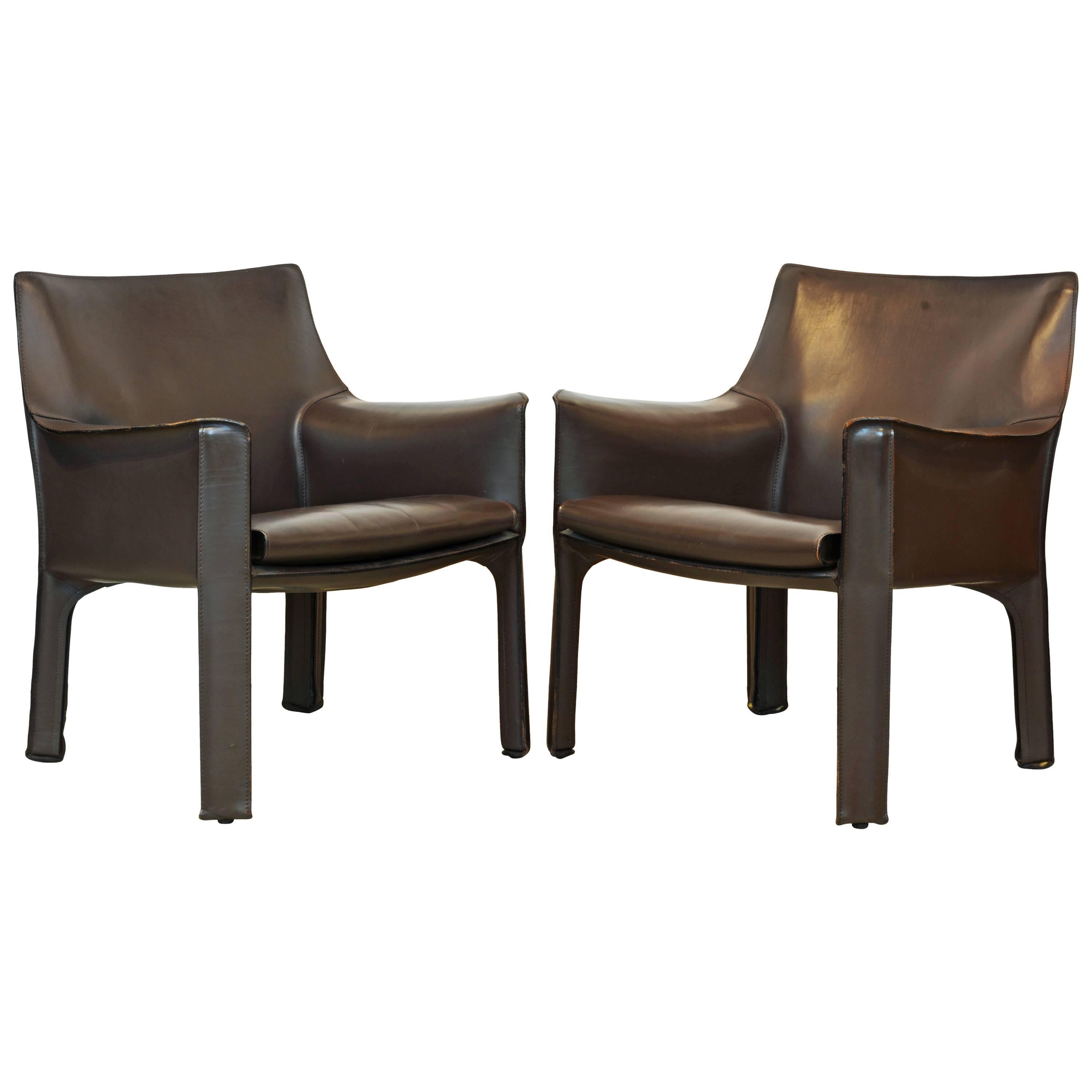 Pair of Mario Bellini Design Leather Cab Lounge Chairs by Cassina, Italy