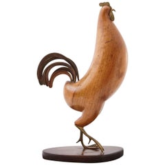Vintage Bronze and Walnut Rooster Sculpture by Karl Hagenauer