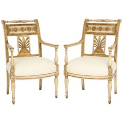 Antique Pair of Italian Painted and Gilded Empire Period Armchairs
