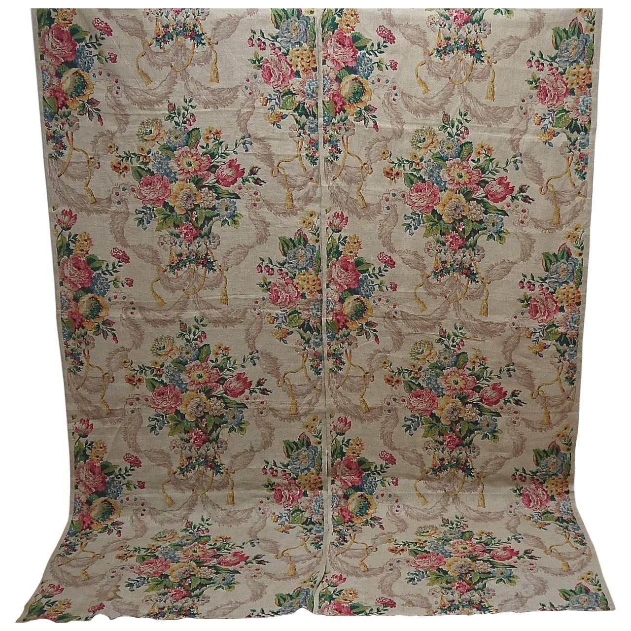 English Pair Linen Panels Printedwith Flowers and Swagged Tassels, circa 1920s